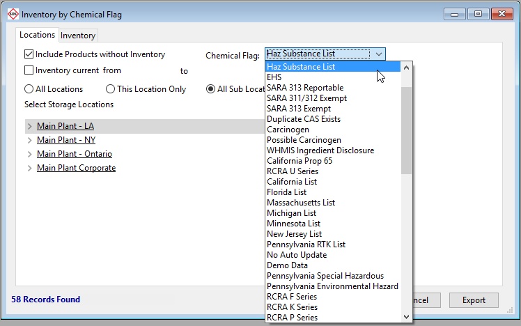 reports inventory inv by chem flag chem flag drop down
