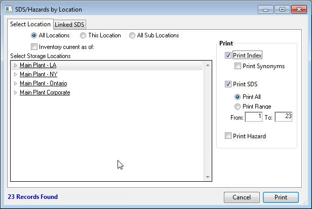 reports product sds haz by location button